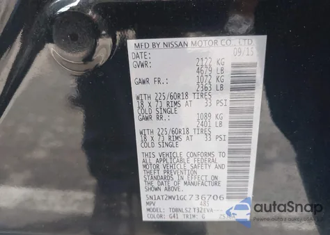 2016 Nissan Rogue Sl z USA, uszkodzony, nr VIN 5N1AT2MV1GC736706